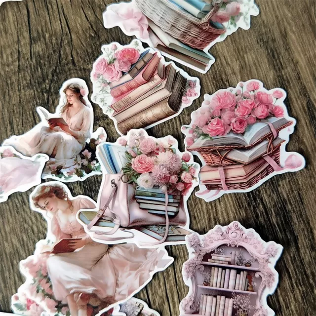 Watercolor Pink Girl Stickers Set Book Cat Lover Scrapbook Diary Bullet Journal 2