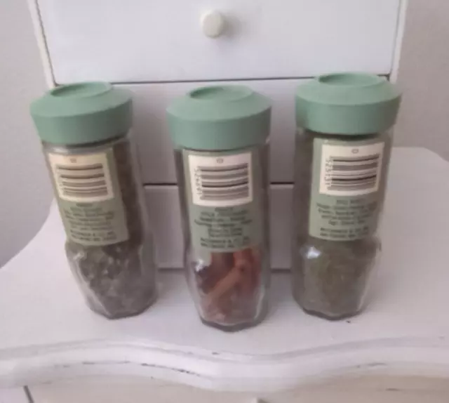 3 Schilling McCormick Spice Jars Sage Green Lid Gold Label Dill Basil Cinnamon 2