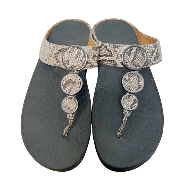 Fitflop Sz 8 Halo Python Snakeskin T-Strap Slip On Sandals Beige Black 2