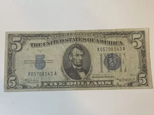 1934 A Five Dollar Silver Certificate $5 Bill Blue Seal Note FREE SHIPPING!!!!