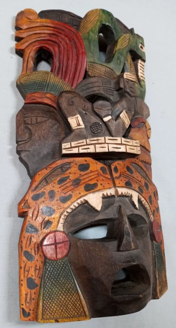 Hand Carved and Painted Wooden Mayan Mask - 16" X 9"