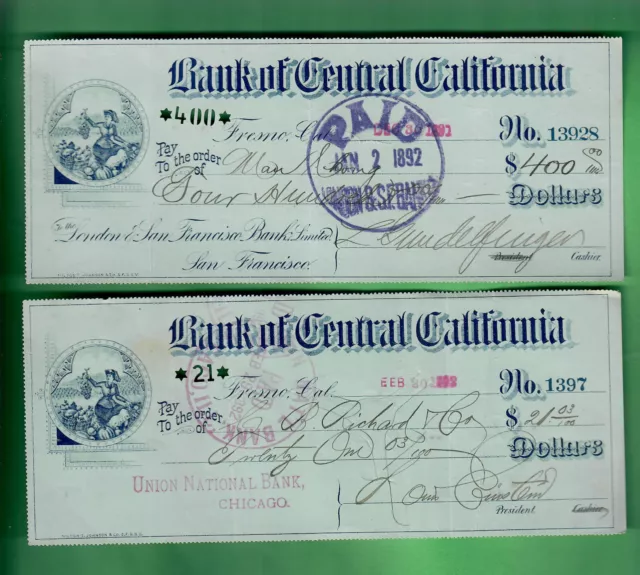 1892 Bank Of Central California Lot Of 2 Checks W/Vignette 3"X8" London San Fran