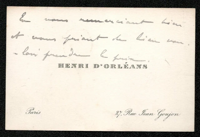 Henri d'Orléans. Carte de visite autographe. Vers 1900