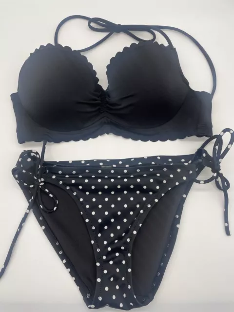 Victorias Secret Swim Bikini Set Black Top 34B Black White Polka Dots Small