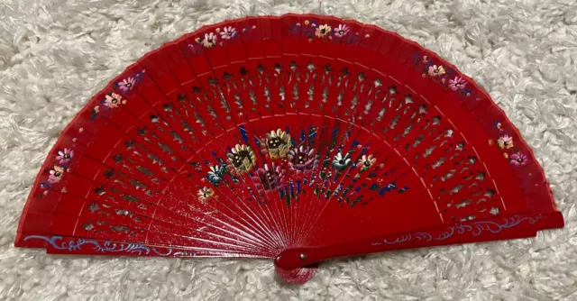 Red Shiny Wood Hand Painted Flowers Fan Spain 7.5" long, 13" wide when open