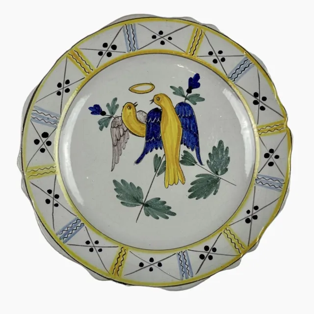 Rare Antique 18thC French Revolution Faience Plate Art Pottery Nevers Birds Halo