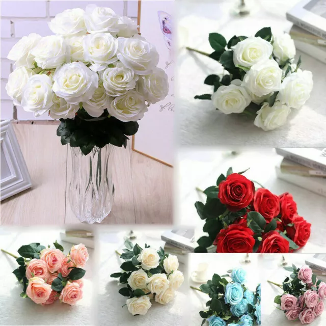 10 Heads Silk Rose Artificial Flowers Fake Bouquet Buch Wedding Home Party Decor