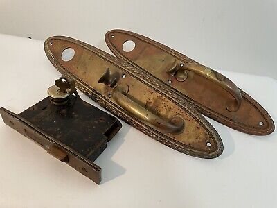 (2) 16” Antique Fancy Victorian Doorplates & Lock Yale & Towne c1900 Solid Brass