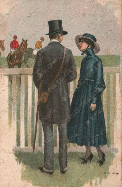 1918 Uomo e donna eleganti innamorati equitazione BIANCHI Cartolina illustrata