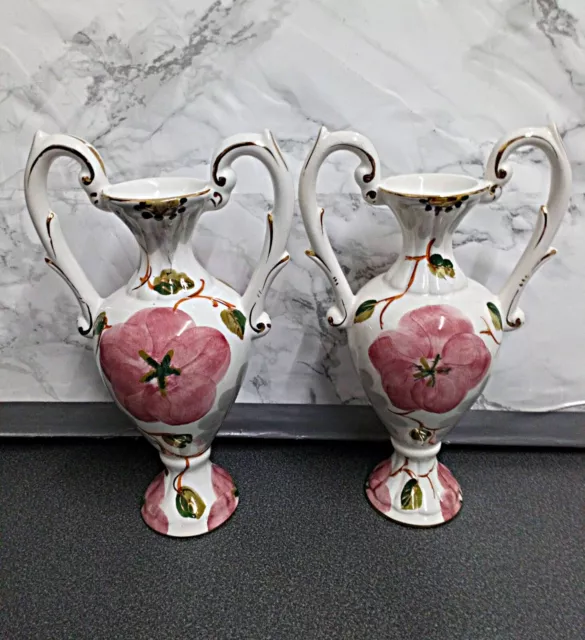 Beautiful Pair Of Vintage Pereiras Portuguese Porcelain  Handled Vases Urns