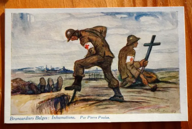 Belgian Stretcher Bearers: Burials signed art WW1 red cross charity postcard