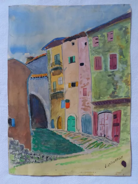 Ancienne aquarelle SISTERON impasse ou rue Deleuze - peinture Jean LATOURELLE