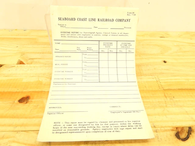 Vintage Seaboard Coast Line Railroad Company Overtime Report Form 68 July 1968