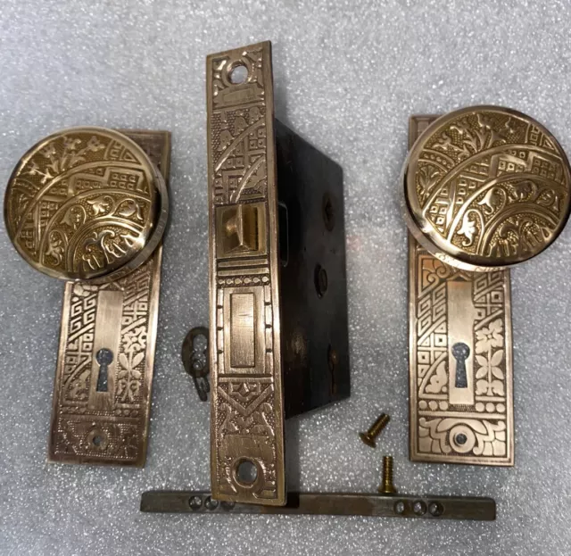 Antique Polished  Brass Door Set, Lock, Knobs, Plates,  by Corbin "Ceylon" c1895