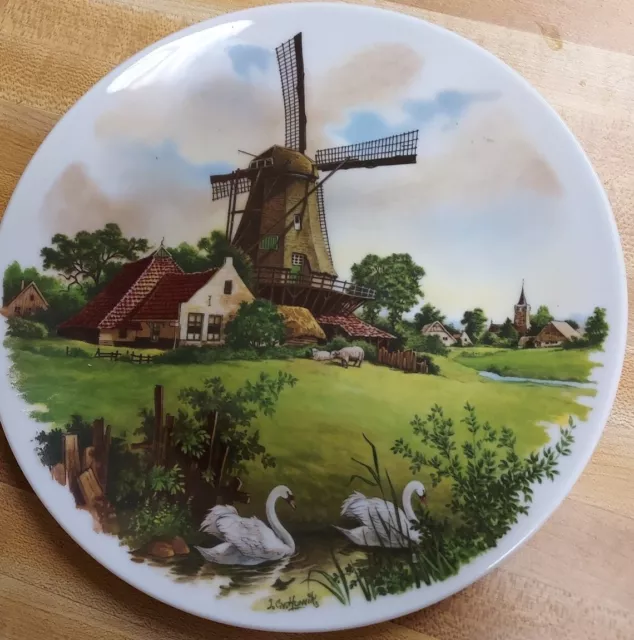 Vintage 1984 Royal Schwabap Hand Decorated Plate Windmill Scene Holland 7.75"