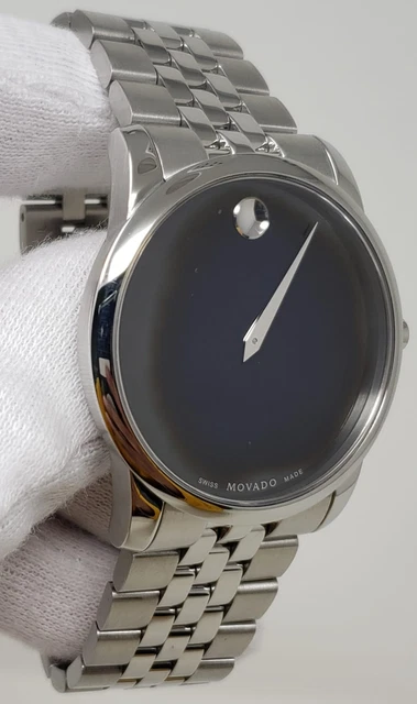 Orologio da uomo Movado Museum Classico Svizzero Quadrante Nero Tono Argento Acciaio 0606504 SD9
