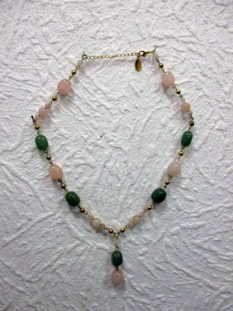 Sautoir Collier métal Clemence Valliere en Quartz Rose et Vert, Vintage