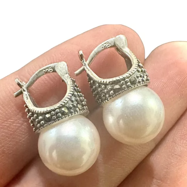 925 Sterling Silver White Pearl Stud Earrings for Women Marcasite Free Shipping