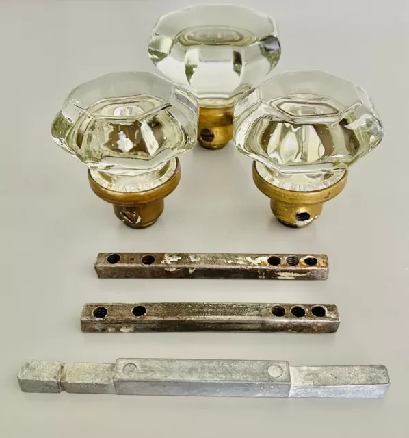 Vintage Cut Glass Door Handles x 3 With Spindles Brass Covers Knobs