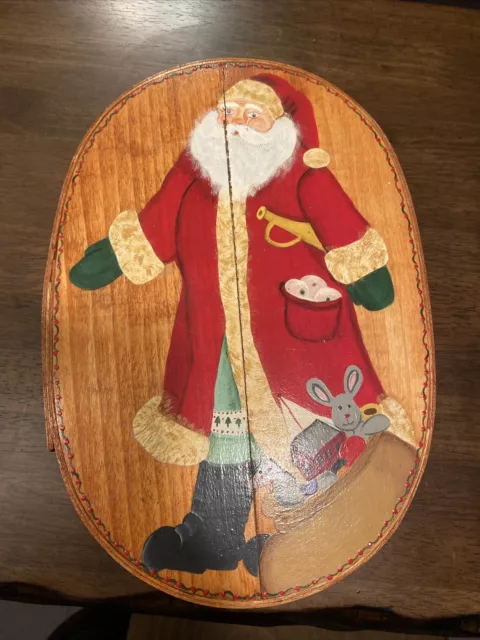 Dufeck Wood Cheese Box Large Hand Paint Christmas Santa Whimsical Folk Art