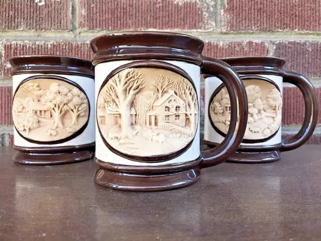 3} Vintage Hershey Studio Art Coffee Mugs 3D Molds Hand Painted and Glazed 1980