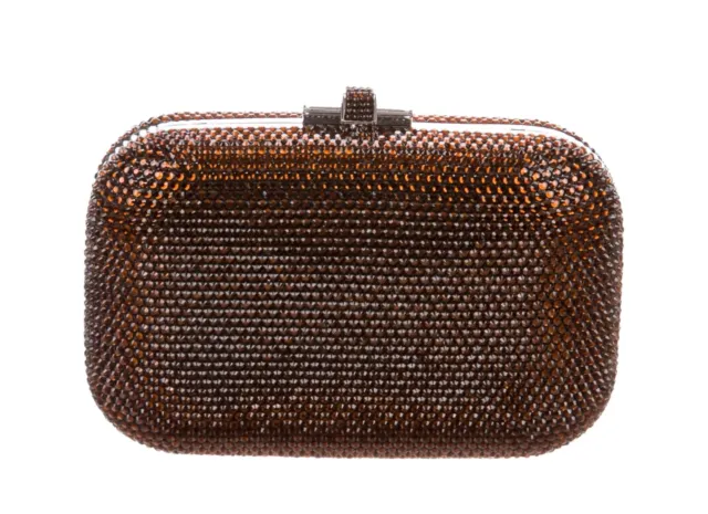 Judith Leiber Slide Lock Brown Expresso Evening Crystals Clutch Minaudiere