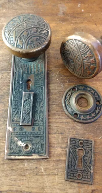 M Antique Victorian Eastlake Brass Door Knob Set, Plate, Two Escutcheons