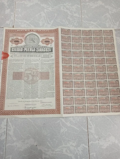 Mexico 1910 Ciudad Puebla Zaragoza 1000 Pesos State Bond Loan Stock Certificate