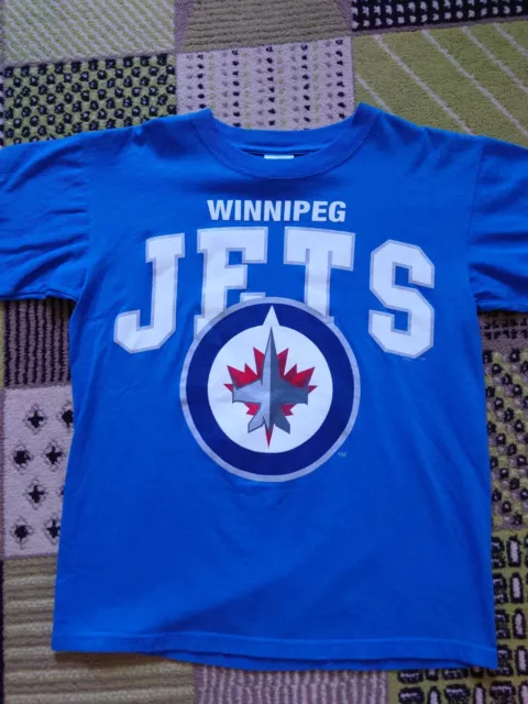 Winnipeg Jets NHL Large Spellout Blue T-shirt. Youth Medium Pit to Pit 18 inches