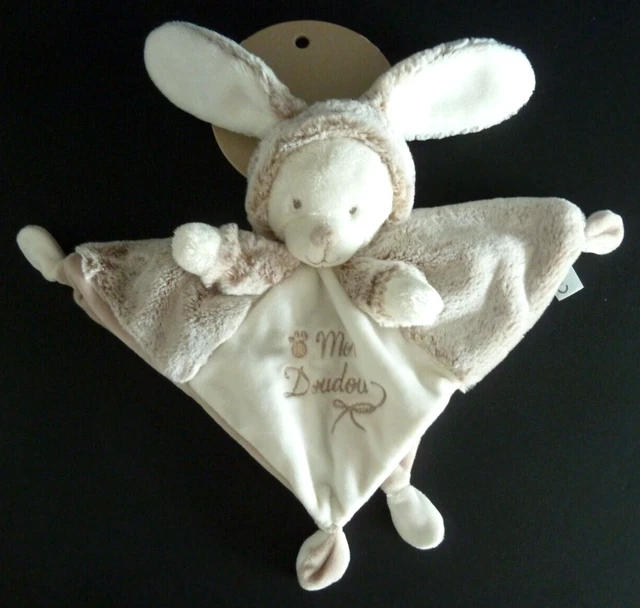 38. Mon doudou OURS NICOTOY plat capuche oreille lapin beige chiné blanc - NEUF