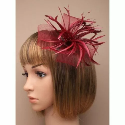 Burgundy fascinator with sinamay net loops and feather tendrils (beak clip an...