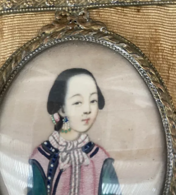 Antique 1890’s  Miniature Chinese Painting Portrait  Girl Hand Painted on Silk 2