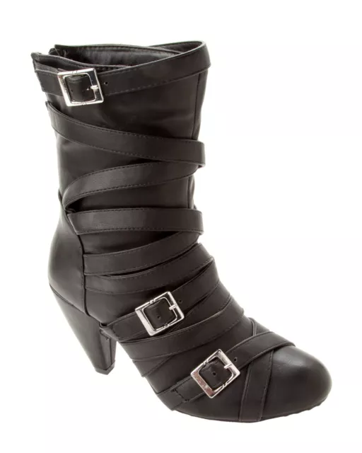 Womens Black Buckle Biker Mid Calf Zip High Heel Fashion Boots Ladies Size 3-8