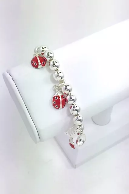 RED LADYBUG Charm Stretch Bracelet, Lady Bug, Insect, Silver Plated Beads