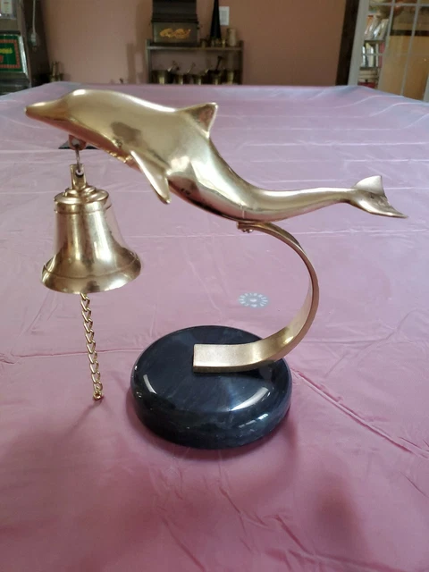 Vintage Solid Brass Black Marble Mid Century Dolphin Desk Bell Hop Regency