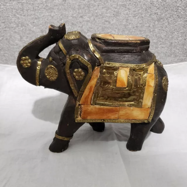 Vtg 1960s Carved Wooden Elephant  Hammered Brass Accents 6" H x 9" W