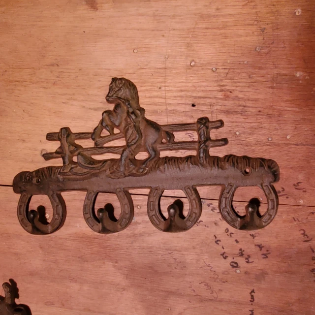 Vtg Cast Iron HORSE COWBOYWESTERN RANCH Coat Key Hat Wall Hanger Holder Hooks