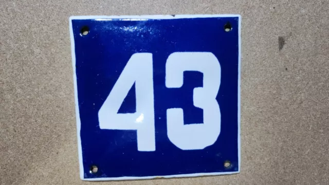 Vintage Enamel Sign Number 43 Blue House Door Street Plate Metal Porcelain Tin