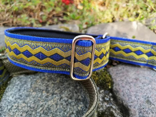 Luxus Zugstopp-Halsband / Hundehalsband mit Polsterung / Martingale / gold-blau