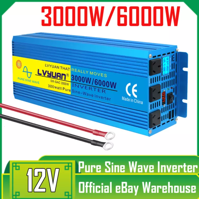 Pure Sine Wave Power Inverter 3000W 6000W DC 12v to AC 240v Converter 3*Sockets