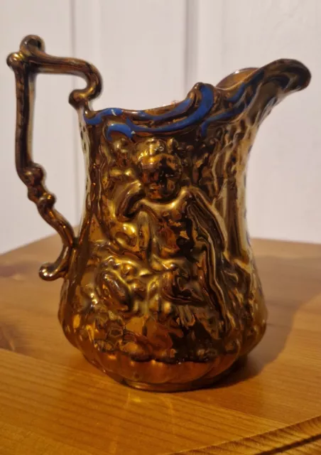 Ceramic Copper Lustre Ware Jug Hand Painted Cherubs Antique Pottery 14cm Tall