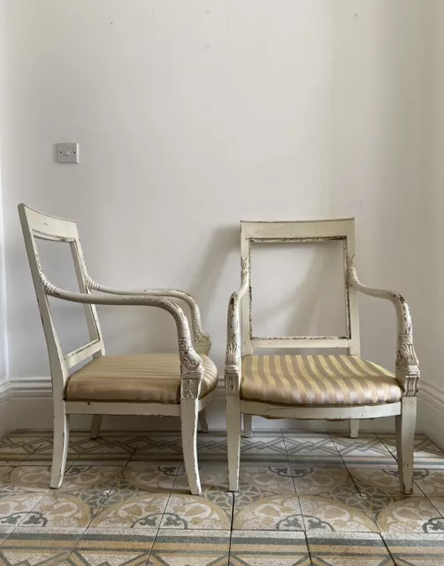 A Pair of Late 19th Century, Mahogany Empire Chairs with Dolphin Heads, Painted