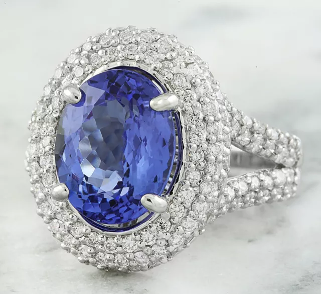 Huge 4.36CT Ceylon Blue Oval Cut Tanzanite With Pave Set 1.26CT CZ Gorgeous Ring