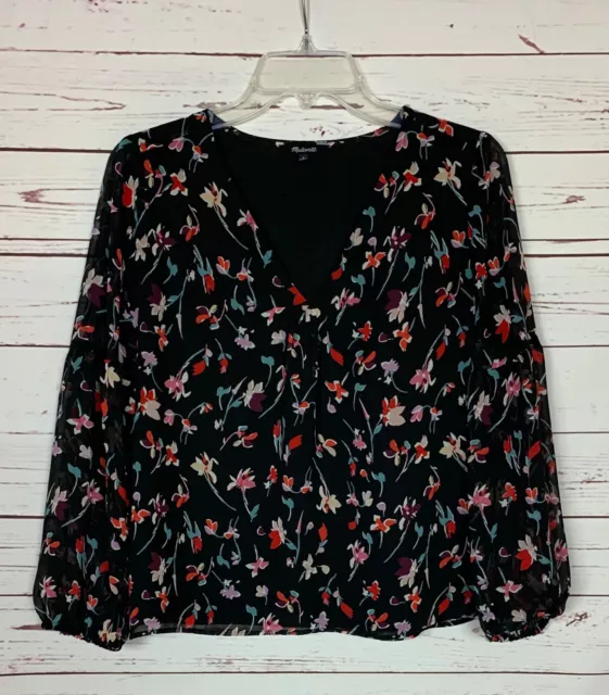 Madewell Women's S Small Black Floral Long Sleeve V Neck Cute Top Blouse Shirt