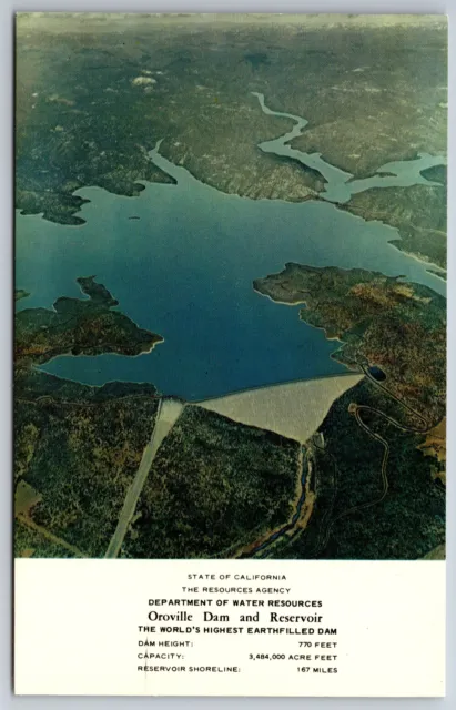 Oroville California~Oroville Dam & Reservoir Aerial View~1950s Postcard