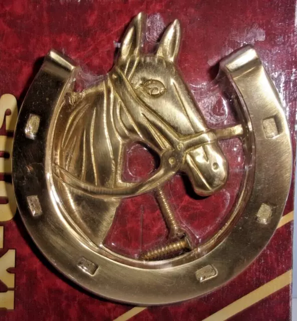 SEALED Vintage Solid Brass Horse Head Horseshoe Good Luck Door Knocker 4" New