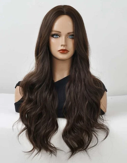 Perruque Synthétique Longue Bouclée Brun Foncé - Neuf Sans étiquette + 4 Bonnets Offerts