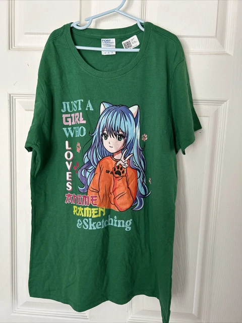 Anime Shirt Girl Woman Size Medium Green Ramen & Sketching