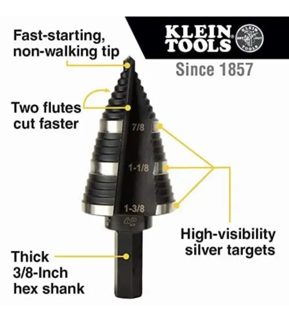 Klein Tools KTSB15 Step Drill Bit 15 Double Fluted 7/8 to 1-3/8-Inch Hex Shank 2