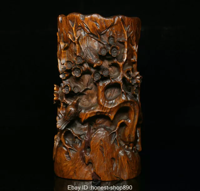 Old Chinese Boxwood Wood Hand Carving Flower Bird Brush Pot pencil vase Statue